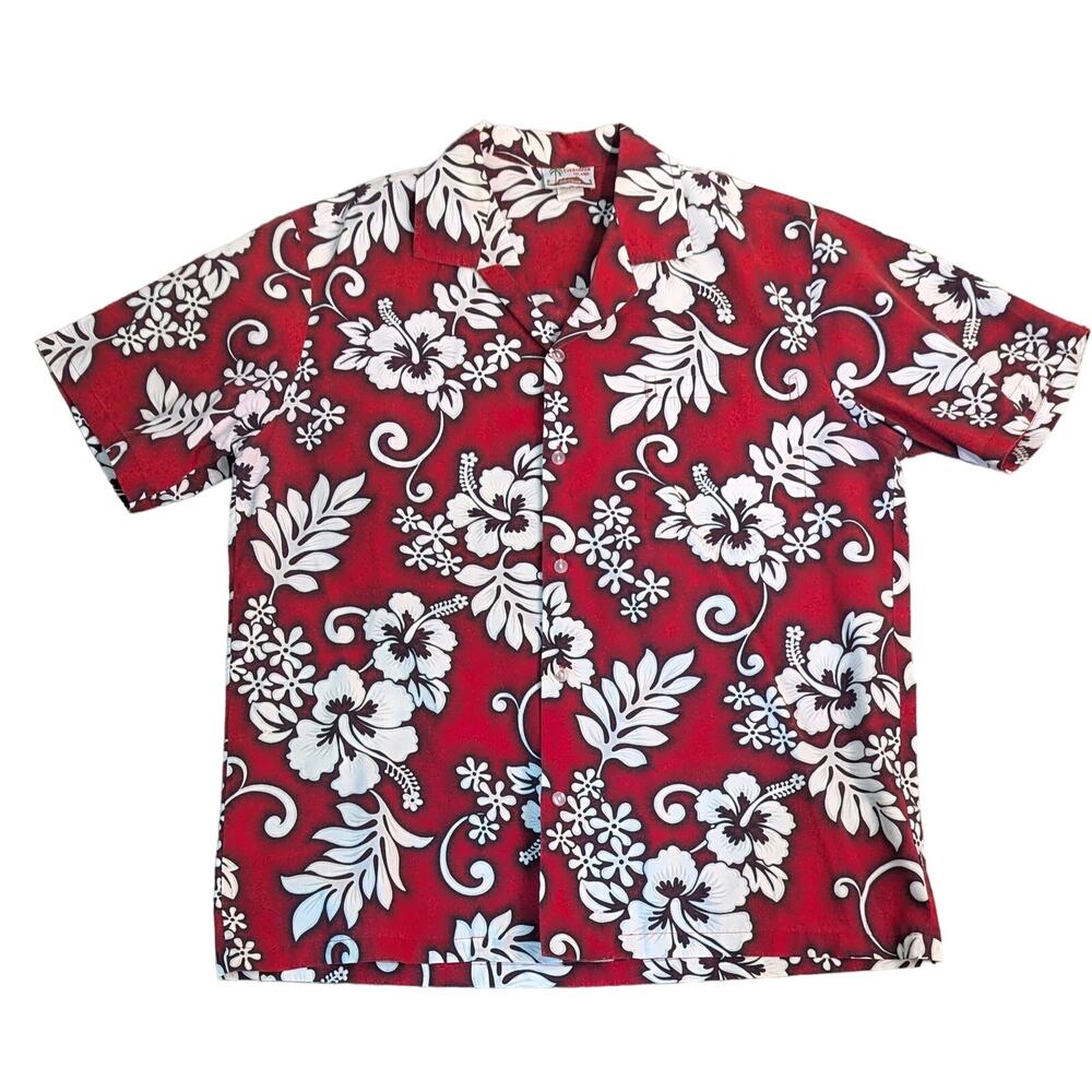 Vintage Evergreen Island MADE IN HAWAII Red Floral Hawaiian Shirt Size Large